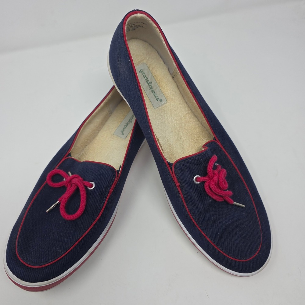 Grasshoppers Loafers Size 10M Nautical Boat Shoes Canvas Slip On Navy Blue Red